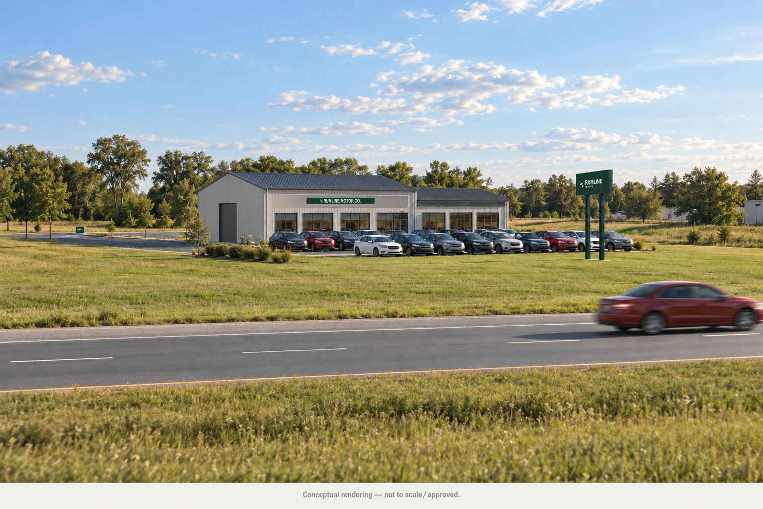 Conceptual view looking west from Highway 65 toward the refreshed building and vehicle display.