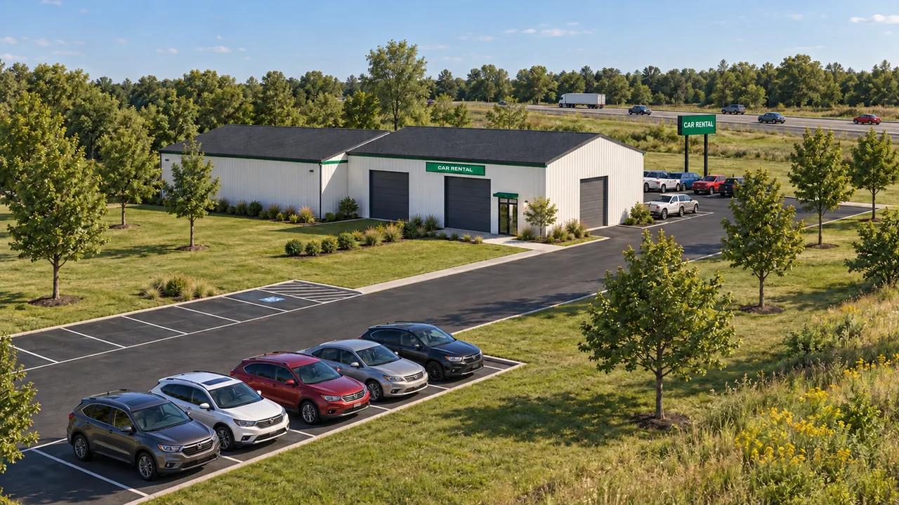 Illustrative customer arrival at a generic green-and-white car rental branch, with clearly marked customer parking.